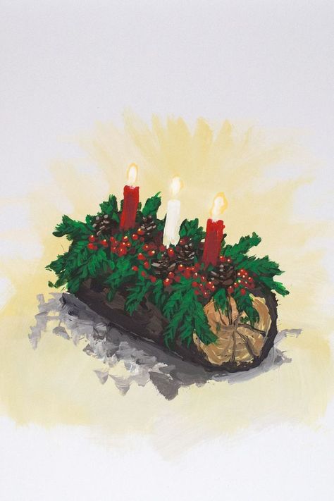 The Yule log is a winter tradition in regions of Europe. This yule log painting was created with acrylic on Readi-Board foam board. Yule Drawings, Yule Watercolor, Yule Artwork, Yule Painting, Yule Illustration, Yule Aesthetic, Yule Art, Log Drawing, Yule Cards