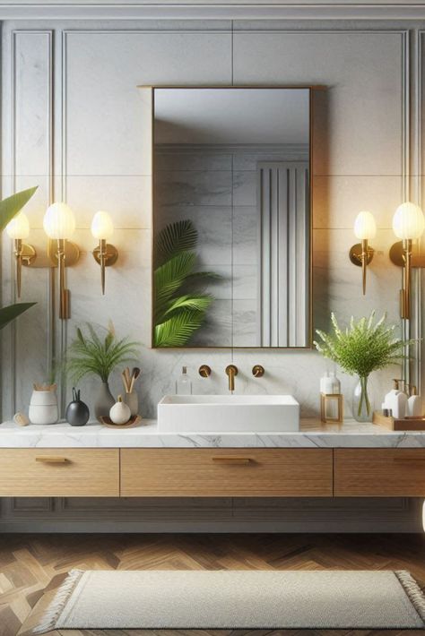 Flank your bathroom mirror with stylish wall sconces for a timeless look. Perfect for task lighting and ambiance. #WallSconces #VanityLighting Task Lighting, Lighting Ideas, Vanity Lighting, Bathroom Lighting, Wall Sconces, Bathroom Mirror, Vanity, Mirror, Lighting