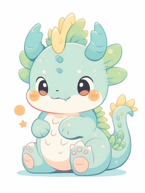 Dinasors Drawing Cute, Kawaii Dragon Drawing, Cute Dragon Drawing Kawaii, Cartoon Dragon Drawing, Chibi Creatures, Baby Dragon Drawing, Dragon Cartoon Cute, Baby Dragons Drawing, Kawaii Dino