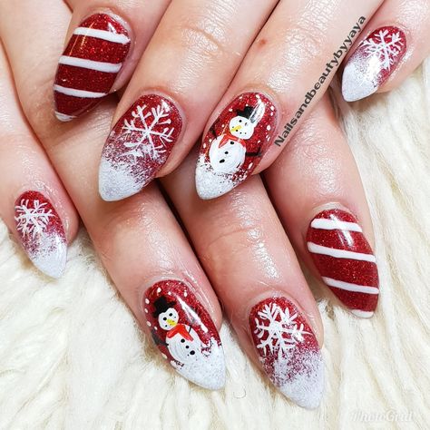 Christmas nail art Gel nails with design Snowman Merry Christmas Nail Art, Nail Art Designs Bridal, Christmas Nails Red And White, Snowmen Nails, Nail Art Designs Winter, Bridal Nail Art Designs, Nails Red And White, White Winter Nails, Wedding Nail Art Designs