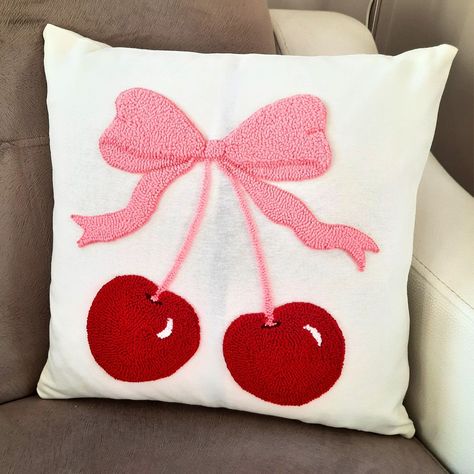 Handmade Cherry Bow Pillow Cover, Pink Coquette  Room Decor, Summer Decoration, Best Housewarming Gift, Dorm Room Decoration, Gift for Daughter, Gift for Bestfriend  This cute cherry Pink bow embroidered throw pillow cover will change the atmosphere of your living room,dorm room, bedroom or garden  and add elegance. It has a 3D fluffy appearance with the embroidery technique used. * It is not machine embroidery or printing. It was made by me using handcrafted punch embroidery technique. This pillow is Punch Needle embroidered with cotton thread on a light  Cream colored duck linen fabric. It does not release thread and cannot be removed as a strong adhesive is used.  * The fabric in this list is not White. But if you want a different color, you can send me a message and tell me your wishes Pink And Red Decor Home, Diy Pillow Covers Decorative Craft Ideas, Red Decor For Bedroom, Pink Red Room Decor, Pink Red Room, Pink And Red Room Decor, Cherry Home Decor, Pink And White Room Decor, Cherry Bedroom Decor