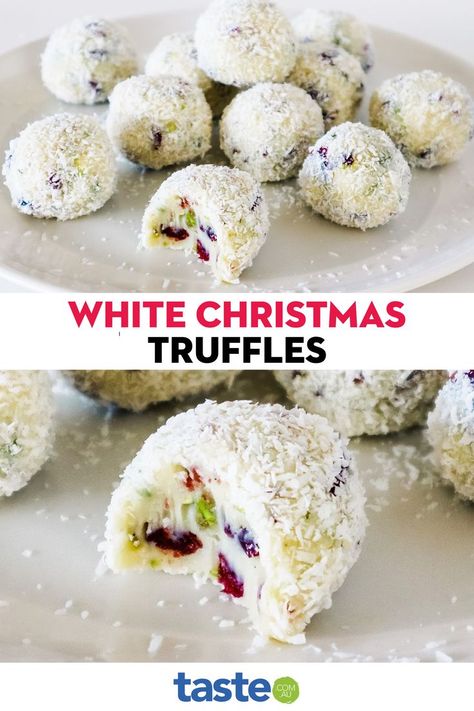 You don’t get truffles much more Christmassy than these. As well as being a delicious treat to serve guests, they also make a lovely gift for any white Christmas lover. They do require 3 hours chilling time - and the occasional stir- so do make sure you start them well in advance and are at home! White Christmas Truffles, Christmas Goodies Ideas, White Christmas Slice, White Christmas Treats, Christmas Ball Recipes, White Christmas Recipe, Christmas Baking For Gifts, White Christmas Food Ideas, Xmas Slices