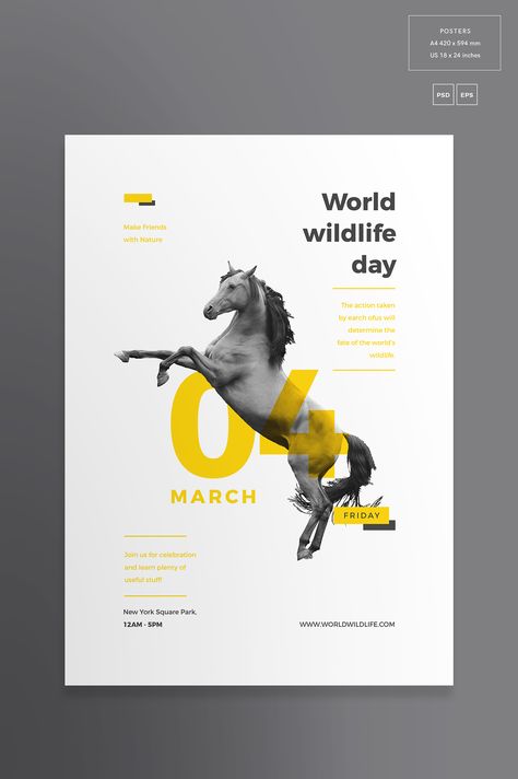 https://www.behance.net/gallery/52668291/World-Wildlife-Modern-and-Creative-Templates-Suite Design De Configuration, Poster Architecture, Mises En Page Design Graphique, Wildlife Day, Text Poster, Graphisches Design, Desain Editorial, 타이포그래피 포스터 디자인, Design Picture