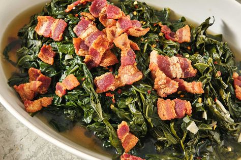 Collard Greens with Bacon are amazingly tender and flavorful, a perfect recipe with any Southern meal (make sure to use the potlikker!). Southern Collard Greens With Bacon, Greens With Bacon, Collard Greens With Bacon, Southern Style Collard Greens, Southern Collard Greens, Collard Greens Recipe, Turnip Greens, Best Bacon, Kale And Spinach