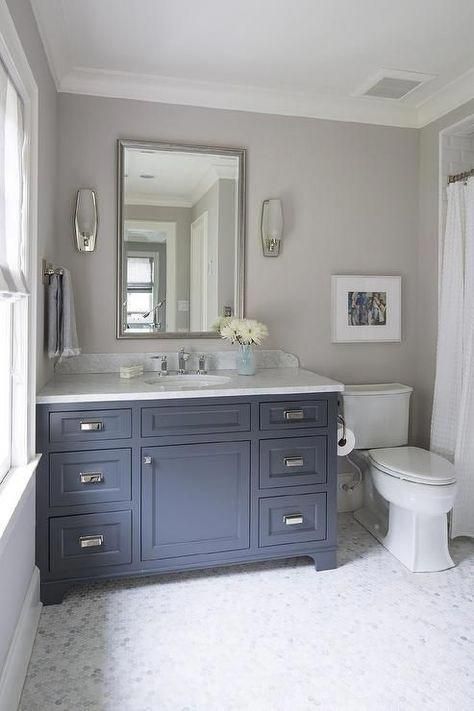 Benjamin Moore French Beret, Makeover Kamar Mandi, Navy Cabinets, Cornforth White, Navy Bathroom, Blue Vanity, Grey Bathroom Vanity, French Beret, Bad Inspiration