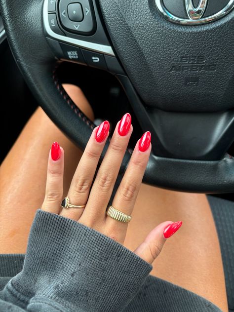 Red Chrome Summer Nails, Ref Chrome Nails, Red Nails Crome, Preppy Red Nails, Red Tip Chrome Nails, Red Crome Nails Acrylic French Tip, Light Red Chrome Nails, Simple Fall Nail Designs Almond Shape, Red With Chrome Nails