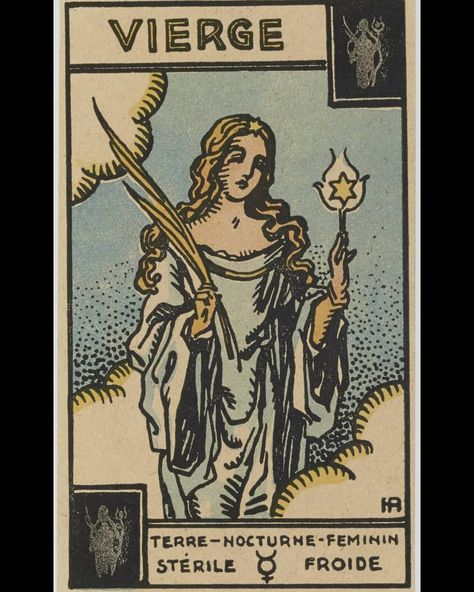 Laetitia on Instagram: “The first of three "Virgo" cards from one of my favorite deck of all time, the Astrological Tarot, designed by Henri Armengol in 1927.…” The Hermit Tarot, Vintage Tarot Cards, Virgo Art, Virgo Constellation, Virgo Tattoo, Vintage Tarot, Tarot Astrology, Astrology Art, Card Tattoo