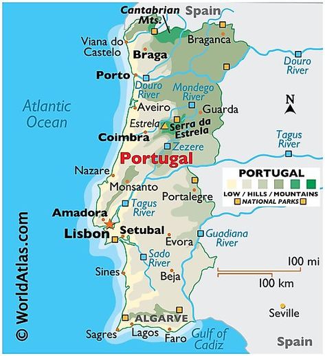 Physical Map of Portugal Portugal Beaches, Portugal Map, Map Of Spain, Portugal Trip, Coimbra Portugal, Portugal Porto, Portugal Vacation, Lisbon Travel, Travel Map