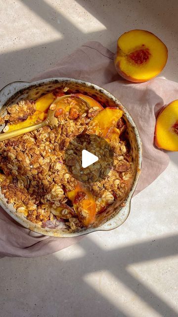 MARINA | easy & healthy recipes on Instagram: "Healthy Peach Cobbler 🍑✨ This easy peach cobbler recipe is the ultimate summer dessert! 

Made with only 12 simple ingredients this healthy recipe will make eating whole foods fun and delicious.

Ingredients:
- 3-4 ripe peaches cut into slices
- Squeeze of lemon juice
- 1 tbsp maple syrup 
- ½ tsp vanilla extract
- 1 tbsp cornstarch

- 1/2 cup oats
- 1/4 cup oat flour
- 1/4 cup nuts (I used almonds and pecans)
- 2 tbsp coconut sugar
- 1/2 tsp ground cinnamon
- Salt
- 3 tbsp melted coconut oil or butter
- 3 tbsp maple syrup

1) Place all the ingredients for the peach mixture in a baking dish (peeling the peaches is optional). Mix well.

2) In a separate bowl, combine all the ingredients for the oatmeal mixture. Spread it over the peach layer a Healthy Peach Cobbler, Healthy Peach Crisp, Eating Whole Foods, Easy Peach Cobbler Recipe, Facebook Recipes, Peach Crumble, Peach Cobbler Easy, Peach Crisp, Peach Cobbler Recipe