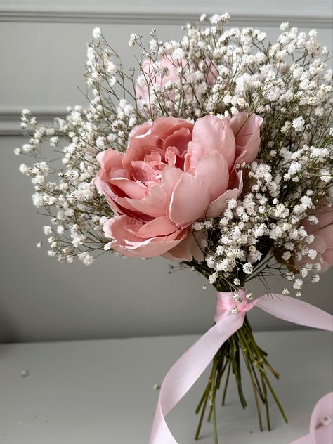 Peonies And Gypsophilia, Peony And Baby Breath Bouquet, Mini Bridal Bouquet, Pale Pink Bouquet, Pink Gypsophila, White And Pink Wedding, Prom Flowers Bouquet, Pink Wedding Bouquet, Homecoming Flowers