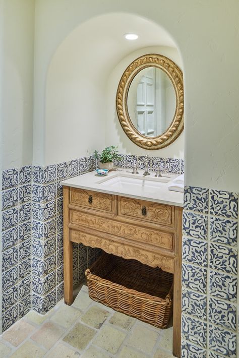 Powder Room in a home in El Paso, Texas Bath Rustic Southwestern by Solis Betancourt & Sherrill Spanish Mediterranean Bathroom, Mediterranean Bathroom Ideas, Desert Retreat, Mediterranean Bathroom, Mediterranean Luxury, Spanish Mediterranean, Interior Design Portfolios, Bathroom Reno, Wood Vanity