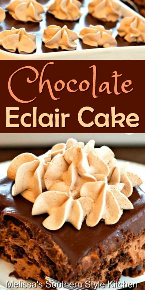 Southern Living Eclair Cake, Chocolate Eclair Cheesecake, Eclair Cake With Chocolate Ganache, Firehouse Desserts, Chocolate Eclair Cake No Bake, Eclair Cake No Bake, Chocolate Graham Cracker Cake, Eclair Cakes, Eclairs Cake