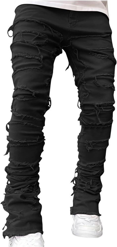 Wolfast Mens Stacked Jeans Hip Hop Ripped Raw Hem Straight Skinny Harajuku Distressed Denim Pants Slim Fit Trouser Streetwear Small Black at Amazon Men’s Clothing store Mens Stacked Jeans, Stacked Jeans, Ripped Men, Black Men Fashion Casual, Mens Trendy Outfits, Black Ripped Jeans, Custom Clothing, Urban Street Style, Trendy Outfit