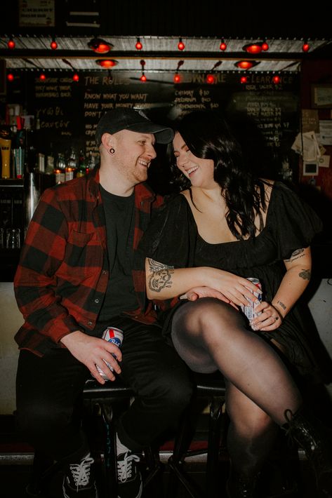 bar engagement photos Punk Engagement Photos, Couples Arcade, Dive Bar Engagement Photos, Alternative Engagement Photos, Engagement Vibes, Bar Engagement Photos, Engagement Shoots Poses, Moody Wedding Photography, Flash Photos