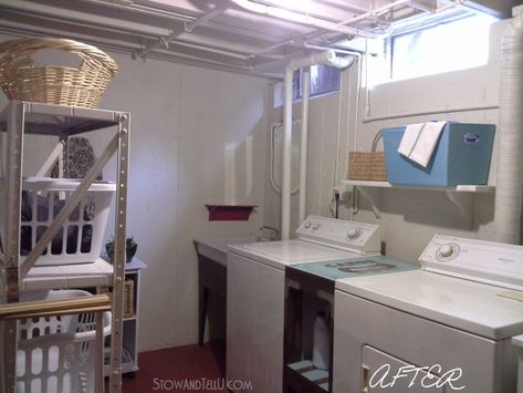 Basement Laundry Rooms, Basement Laundry Room Ideas Unfinished, Diy Ceiling Ideas, Unfinished Basement Laundry Room, Unfinished Basement Laundry, Basement Laundry Room Ideas, Basement Laundry Room Makeover, Hallway Laundry, Laundry Room Storage Shelves