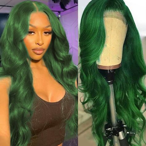 🌸Dark Green Body Wave 13x4 Lace Front Wigs Hair Material🌸: 100% Virgin Human Hair, 10A Grade ,All Come From Young Girl Donors. Soft And Healthy, Can Be Dyed, Bleached, Straightened,Offers You A Fascinating Appearance . Health Texture , no Shedding. Green Lace Front Wigs, Amazon Wigs, Mint Green Hair, Frontal Wig Body Wave, Wigs Body Wave, Body Wave Lace Front Wigs, Green Wig, Wigs Glueless, Hd Lace Frontal