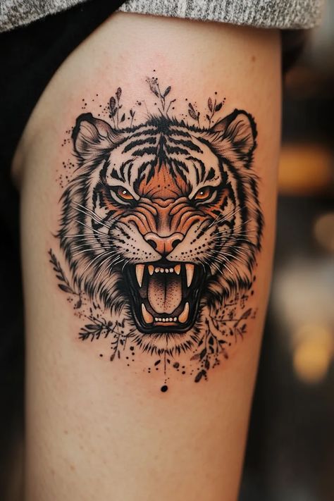 Tiger Tattoo Ideas 28 Wild Animals Tattoo Ideas, Tiger Ankle Tattoo, Lion Roar Tattoo, Unique Tiger Tattoo, Fierce Tattoos For Women, Tiger Tattoos For Women, Small Tiger Tattoo, Lion Tattoo With Flowers, Tiger Tattoo Thigh