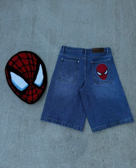 Spider-Man Jorts by “Ago” 🕷️🕸️ #spiderverse #jorts #spiderman #fashion #fashiongram #fashionphotography Spider Man Jeans, Spiderman Fits, Spiderman Fashion, Spiderman Outfit, Spiderman Spider, Men Fits, Senior Year, Pic Ideas, Baggy Fits