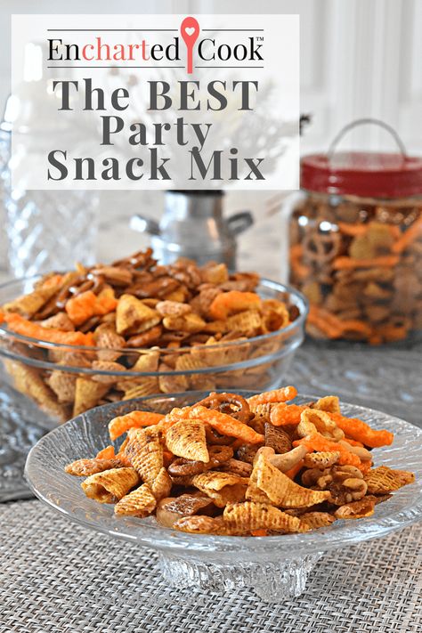 Ultimate Party Snack Mix | Encharted Cook Savory Check Mix Recipes, Party Mix Recipe Worcestershire Sauce, Bugle Mix Recipe, Party Mix With Bugles, Salty Snack For Party, Do Dads Snack Recipe, Chex Mix Recipes With Bugles, Bar Mix Snack, Bugle Chex Mix Recipes