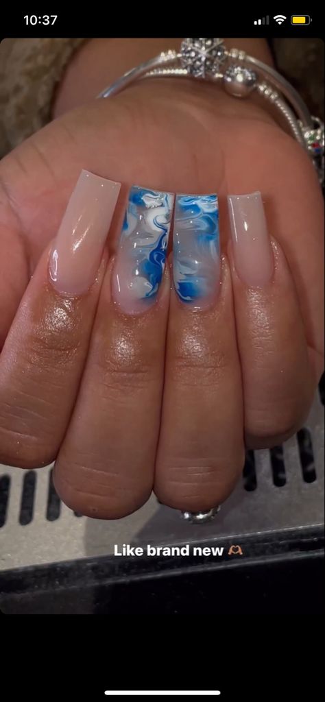 Cute Blue Short Acrylic Nails, Spring Nail Sets Square, Blue Marble Nails Short, Blue Bday Nails, Short Marble Acrylic Nails, Short Nails Marble, Royal Blue Nails Acrylic Short, Short Square Blue Nails, Acrylic Nails For Birthday