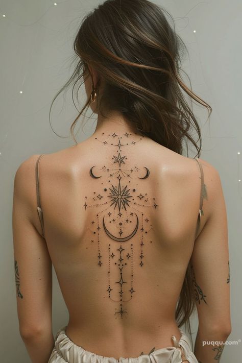 Celestial Tattoo Ideas: Unlock the Cosmic Artistry in Your Ink - Puqqu Astrological Back Tattoo, Mandala Spine Tattoos For Women, Mandala Back Tattoo Women, Celestial Tattoos For Women, Moon Ornamental Tattoo, Spiritual Spine Tattoos, Back Henna Designs Spine, Witchy Back Tattoo, Astral Tattoos