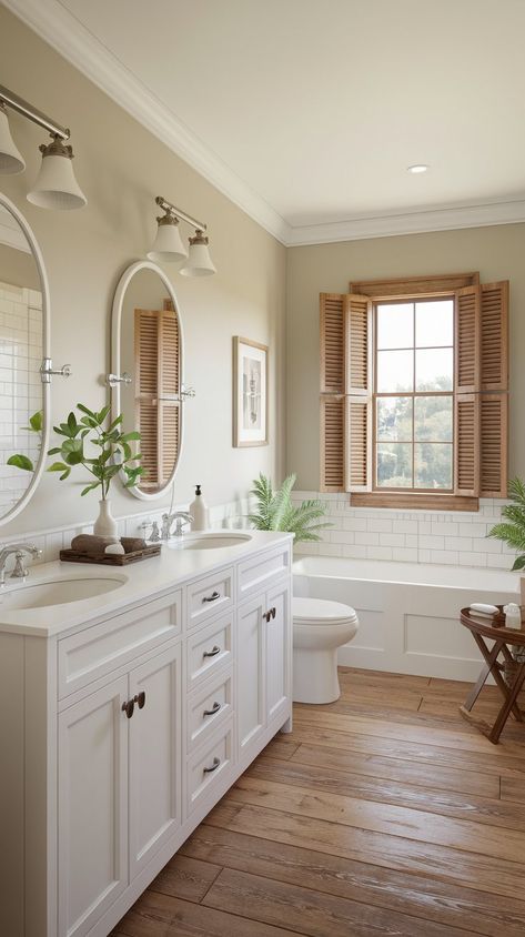 Discover 10 charming small farmhouse bathroom ideas that will help you create a cozy, rustic retreat in your home, even with limited space. Traditional Farmhouse Bathroom Ideas, Small Bathroom Ideas Wood Floor, Bathrooms With Wooden Floors, Aesthetic Master Bath, Bathroom With Wood Flooring, Timeless Farmhouse Bathroom, Small Bathroom Wood Floor, Traditional Farmhouse Bathroom, Bathroom With Wood Floor