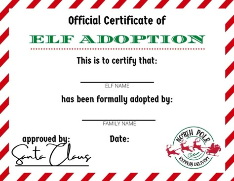 The kids are certain to go crazy about this Elf Adoption Certificate! They'll love being able to adopt their own Elf on the Shelf. Add free elf on the shelf printables to your month of holiday fun, Plus this Elf Certificate Printable is Free and Making your elf on the shelf official is so simple. Adoption Certificate Template, Free Printable Activity Sheets, Elf On The Shelf Printables, Printable Activity Sheets, Certificate Of Achievement Template, Elf Names, Elves Gift, December Crafts, Cricut Supplies