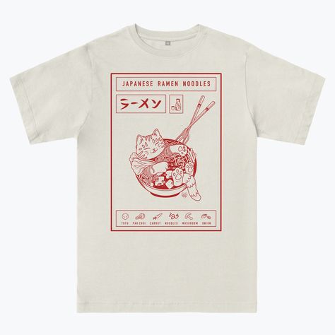 Ramen T Shirt, Japanese T Shirt Design, Graphic Tee Design Ideas, Aesthetic Tshirt Design, Japanese Graphic Tee, Japanese T Shirt, Cat Bathing, Ramen Shirt, Japanese Trends