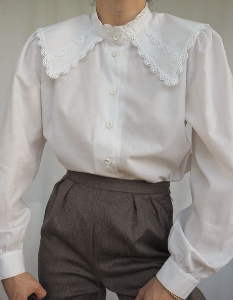 Edwardian Blouse, 80s Blouse, Label M, Romantic Blouses, Academia Fashion, White Long Sleeve Blouse, Feminine Blouses, Trendy Fashion Tops, Puff Sleeve Blouse