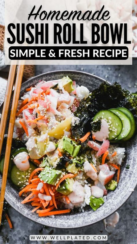 With crisp veggies, sushi rice, and imitation crab (or your fave seafood), this sushi bowl recipe is the easiest way to enjoy sushi at home! Sushi Roll Bowl, Homemade Sushi Rolls, Crab Sushi, Sushi Bowl Recipe, Sushi Bowls, Sushi Grade Tuna, Sushi Ingredients, Easy Sushi, Sushi At Home