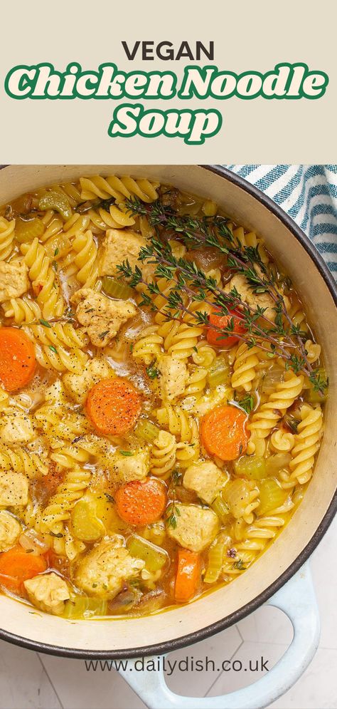 Vegan Chicken Noodle Soup Vegan Get Well Soup, Vegan Chicken And Rice Soup, Plant Based Chicken Noodle Soup, Vegan Chicken Noodle Soup Soy Curls, Vegan Soups For Sick Days, Chicken Noodle Soup Vegetarian, Vegan Healing Recipes, Vegan Soup For Colds, Vegan Chicken Soup