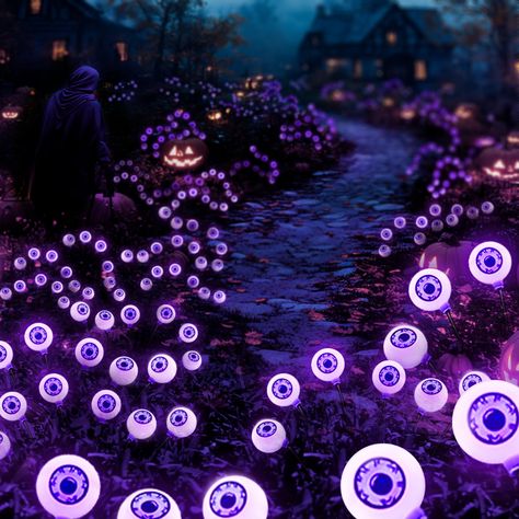 PRICES MAY VARY. Scary Solar Powered Halloween Props: Light up your backyard with our unique eyeball solar lights! These efficient spooky decorations charge during the day (6-8 hours) and glow at night (8-10 hours), adding a chilling charm to your Halloween setup. It’s perfect to create a haunted atmosphere with their purple lighting. High-quality Decorative Path Light: This ground lights set for outside is 30.31 inches high in total, and 18 inches or so when stick in lawn. Compared to others, o Halloween Decor Themes Outdoor, Halloween Witch Outdoor Decorations, Dark Driveway, Firefly Night, Halloween Solar Lights, Eyeball Design, Halloween Setup, Yard Path, Pathway Garden