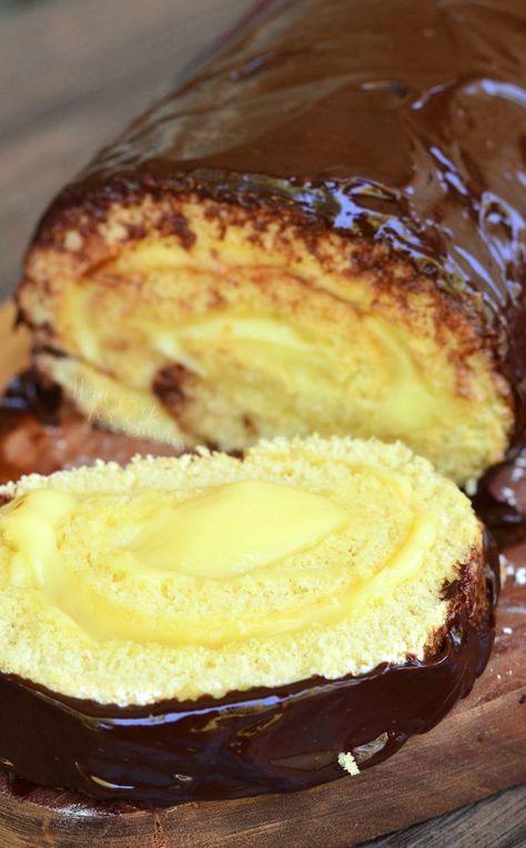 Boston Cream Cake Roll. from willcookforsmiles.com Roll Cakes Christmas, Rolled Cakes, Roulade Cake, Boston Cream Cake, Jelly Roll Cake, Swiss Rolls, Roll Cakes, Homemade Custard, Cake Rolls