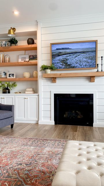 Fireplace With Cabinets, Built In Around Fireplace, Backdrop Tv, Mantel Ideas, Built In Shelves Living Room, Living Room Wall Units, Living Room Built Ins, Coastal Interior, Basement Living Rooms