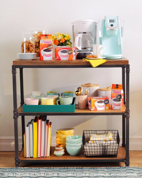 This DIY coffee bar uses a cart or shelves to organize your essentials. All you need is a small space, a few mugs, and a good brew of coffee. #sponsored #DunkinAtHome Marketing Baskets, Coffee Bar Cart, Diy Bar Cart, Rolling Bar Cart, Diy Coffee Bar, Gold Bar Cart, Coffee Cart, Home Coffee Stations, Coffee Nook