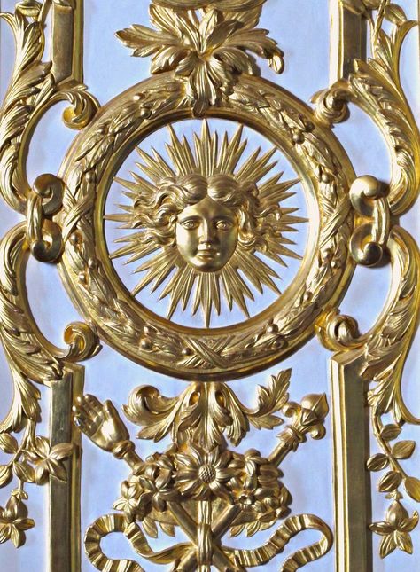 Motif of the Sun King Louis XIV the sun was associated with Apollo, god of peace and arts. Louis Xiv Versailles, Apollo God, God Of Peace, Apollo Aesthetic, Sol Invictus, King Louis Xiv, The Sun King, Castle Rooms, Sun Motif