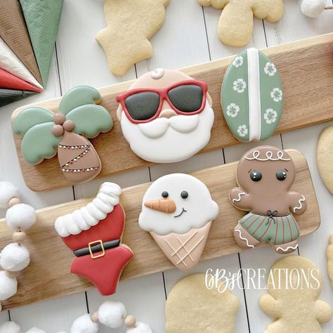 Christmas Flamingo Cookies, Swimsuit Cookies Decorated, Christmas In July Decorated Cookies, Christmas In July First Birthday, Christmas In July Sugar Cookies, Tropical Christmas Cookies, Unique Christmas Cookies Decorated, Christmas In July Cookies Decorated, Beach Christmas Cookies