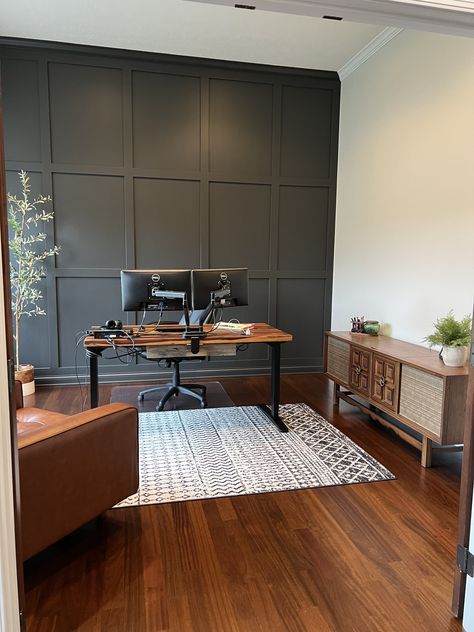 Slate Wall Office, Office With Dark Accent Wall, Masculine Office Accent Wall, Dark Gray Accent Wall Office, Iron Ore Office Wall, Dark Accent Wall Office, Black Wall Office, Black Accent Wall Office, Home Office Accent Wall