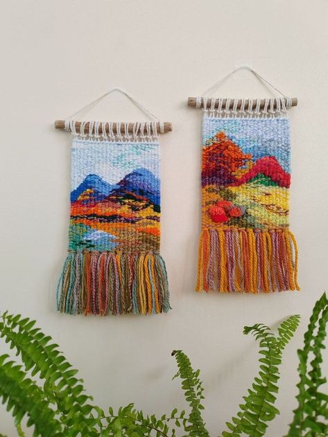 Small Woven Wall Hanging 22x12 cm. ❤️
Larger and individual sizes are possible. For detailed information, write to me.

Handmade wall hanging panel wall decor
The tapestry is made on a hand loom.
The work is made by weaving using different weaving techniques and textures to create this unique tapestry.

❤️For more lovely art work and kits please check: https://www.etsy.com/shop/HomeArtWeaving
Instagram : oksana_serotyuk Panel Wall Decor, Weaving Tapestry, Small Wall Decor, Mountain Wall Decor, Small Tapestry, Weaving Loom Projects, Weaving Wall Hanging, Handmade Tapestries, Crochet Wall Hangings