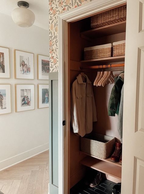 Entryway Closet Organization, Entry Closet Organization, Hall Closet Organization, Coat Closet Ideas, Jacket Storage, Black Hallway, Painted Closet, Front Closet, Coat Closet Organization