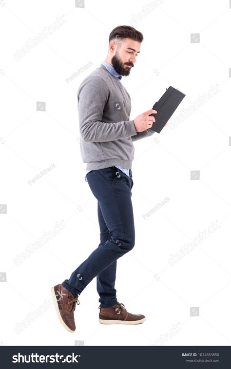 Walking Reference, Reference Models, White Studio Background, Walking Poses, Male Profile, Man Anatomy, Reading Notebook, Male Pose Reference, Profile View