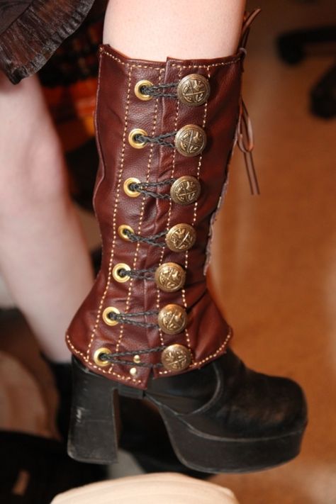 Spats look rather simple to make. I really should come up with a pair to wear with my boots that aren’t tall enough for my liking. Steampunk Spats, Steampunk Shoes, Steampunk Boots, Steampunk Pirate, Steampunk Crafts, Steampunk Cosplay, Steampunk Diy, Steampunk Accessories, Steampunk Costume