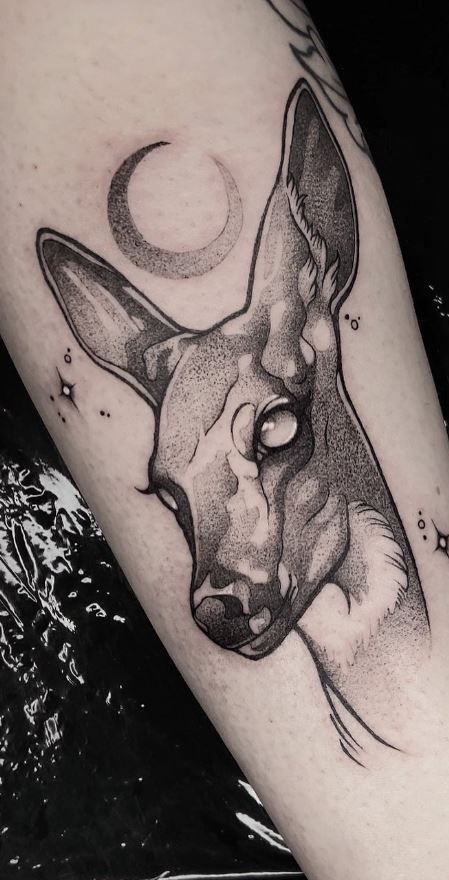 Cool Deer Tattoos, Fun Tattoos Ideas, Deer Flash Tattoo, Spooky Animal Tattoos, White Tail Deer Tattoo, Gothic Deer Tattoo, Deer Skeleton Tattoo, Black And Gray Tattoos, Dark Animal Tattoos