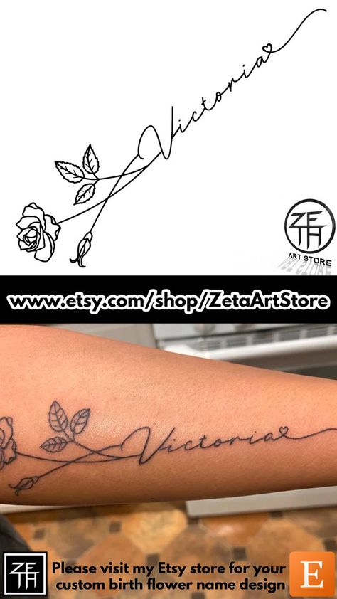 Victoria Name Tattoo, Birth Flower Name Tattoo, Flower Name Tattoo, Name Necklace Design, Tattoo Birth Flower, Name Tattoo Placements, Victoria Tattoo, Birth Month Flower Svg, Tattoo Aesthetic