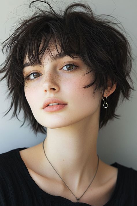 Short Hairstyles For Women Over 50 With Fine Wavy Hair, Shaggy Medium Hair With Bangs Round Face, Short Choppy Haircuts With Bangs, Short Haircut For Women With Bangs, Shaggy Short Bob With Bangs, Pixie Cut Curtain Bangs, Fluffy Haircuts For Women, Short Womens Hair, Short Wispy Haircuts