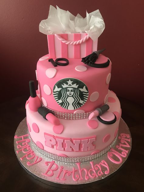 Victoria’s Secret Pink, Starbucks, Makeup Birthday Cake Pink 12th Birthday Party, Makeup Cakes Birthday, Pink Starbucks Cake, 12 Birthday Cake Girl, Pink 13th Birthday Cake, Mean Girls Birthday Cake, 13th Birthday Cake Girl, Starbucks Makeup, Makeup Birthday Cake