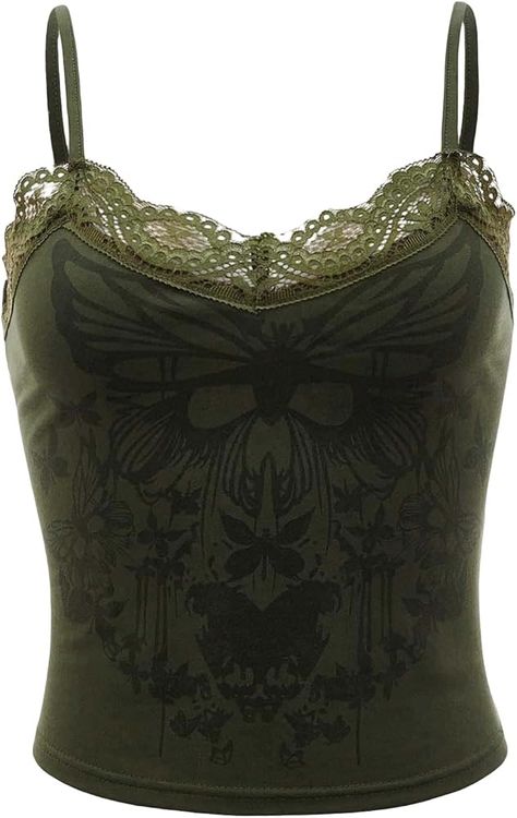 SOLY HUX Women's Y2k Gothic Lace Trim Cami Crop Top Sleeveless Sexy Tank Tops Camisole Clubwear Outfit Army Green Butterfly Graphic XS at Amazon Women’s Clothing store Clubwear Outfits, Amazon Outfits, Crop Top Sleeveless, Gothic Lace, Y2k Tank Top, Rave Costumes, Pin Up Outfits, Lace Trim Cami, Tank Top Outfits