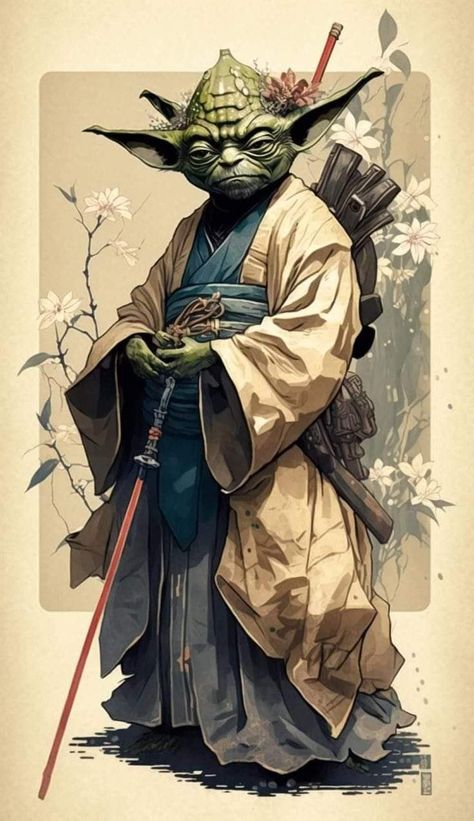 R2d2 Art, Yoda Artwork, Din Djarin And Grogu, Yoda Drawing, Super Samurai, Star Wars Painting, Trendy Embroidery, Japanese Art Styles, Star Wars Characters Pictures