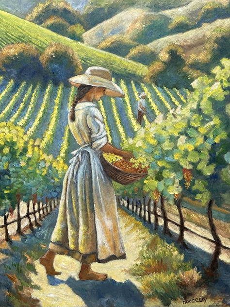 Artwork, Woman picking grapes in Sonoma Valley vineyard, by @Hardestyarts . Purchase image as fine art print, or on other products. Painting Grapes, Vineyard Painting, Grapes Painting, Picking Grapes, Grapes Art, Gouache Ideas, Grape Drawing, Grape Picking, Vineyard Art