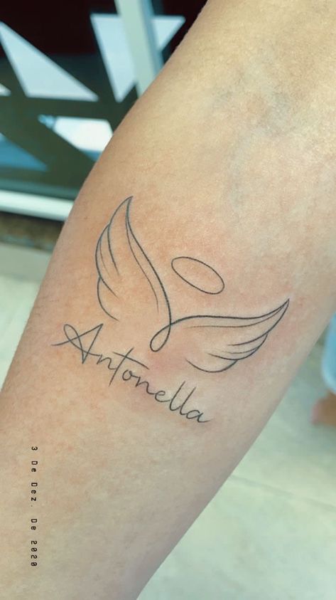 Initials With Angel Wings Tattoo, Angel Wings Ankle Tattoo, Small Remembrance Tattoos, Tattoos Simplistic, Small Tattoo Design, Remembrance Tattoos, Muster Tattoos, Dope Tattoos For Women, Wrist Tattoos For Women